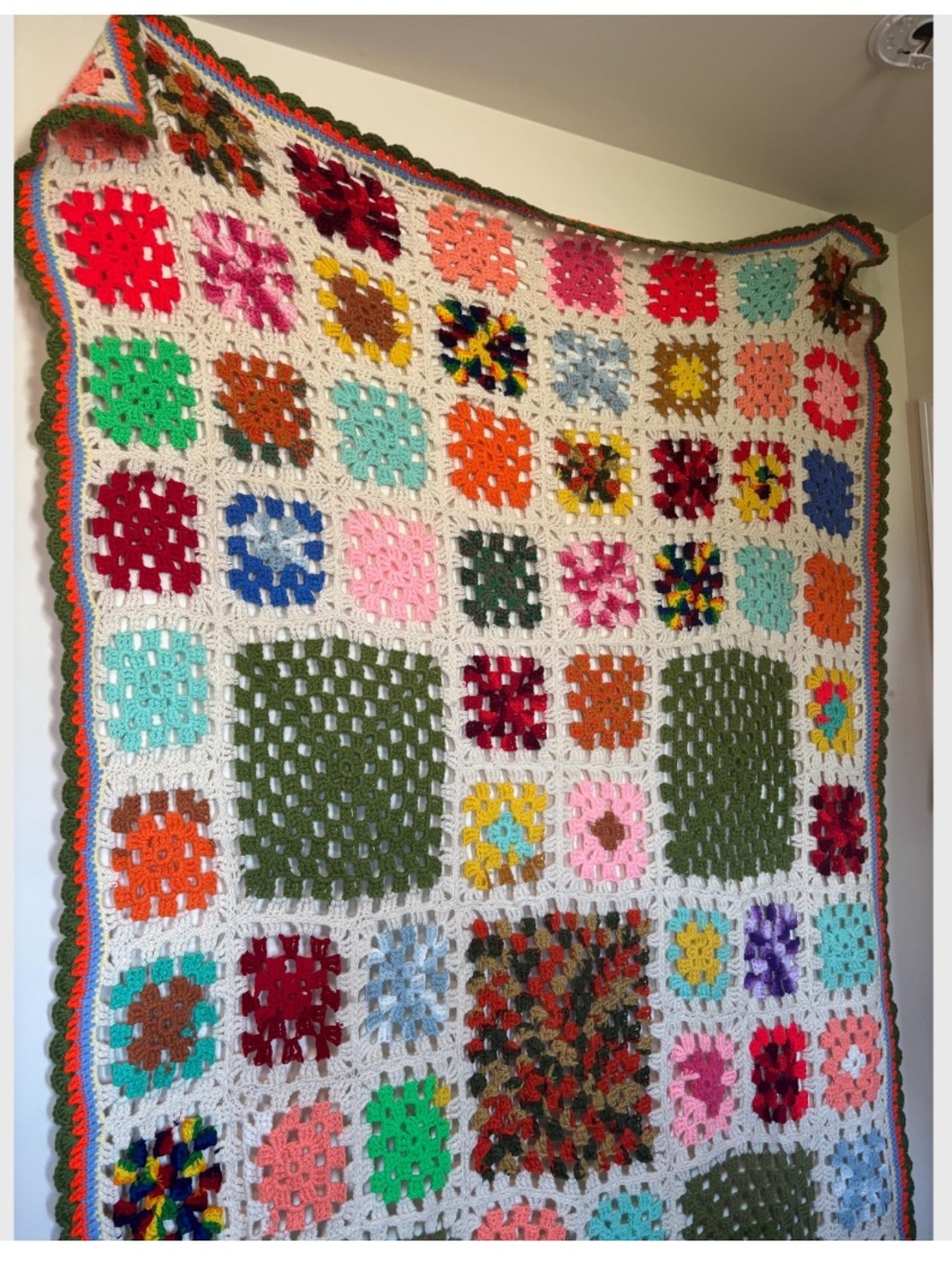 Handmade Crochet Granny Square Blanket - Multicolor & Olive Accents